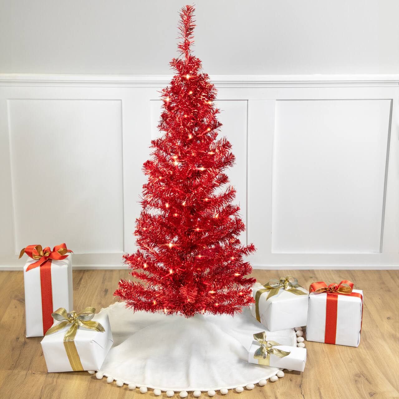 4ft. Pre-Lit Red Artificial Tinsel Christmas Tree, Clear Lights